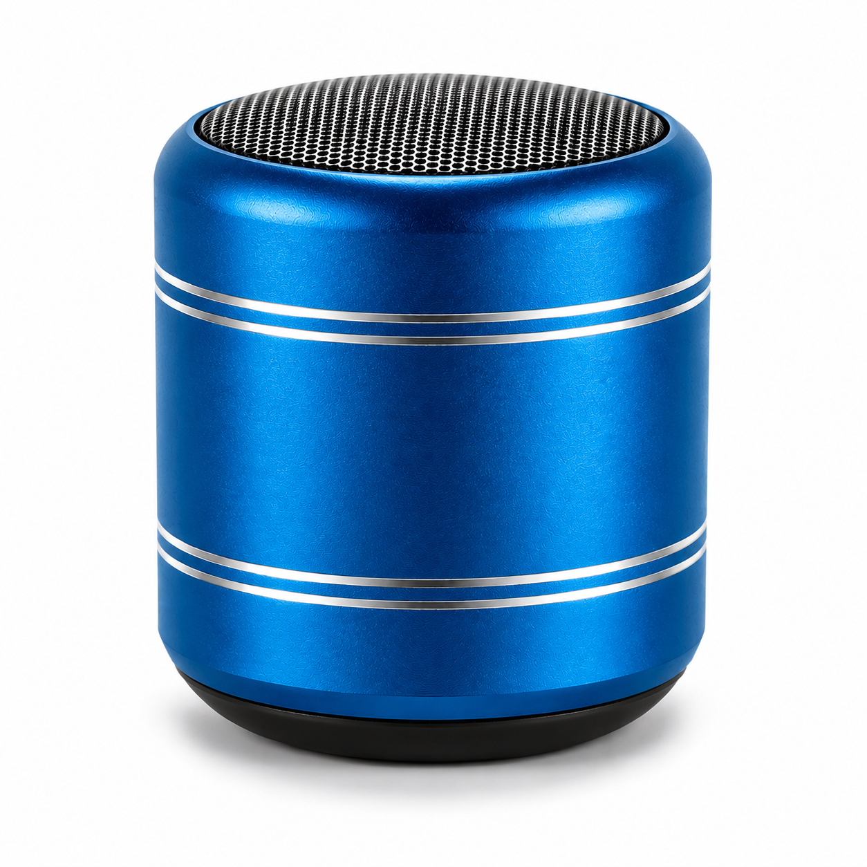 A portable cylindrical Bluetooth speaker in metallic blue with two thin silver stripes, a black mesh grille on top, and a black base, shown on a white background.