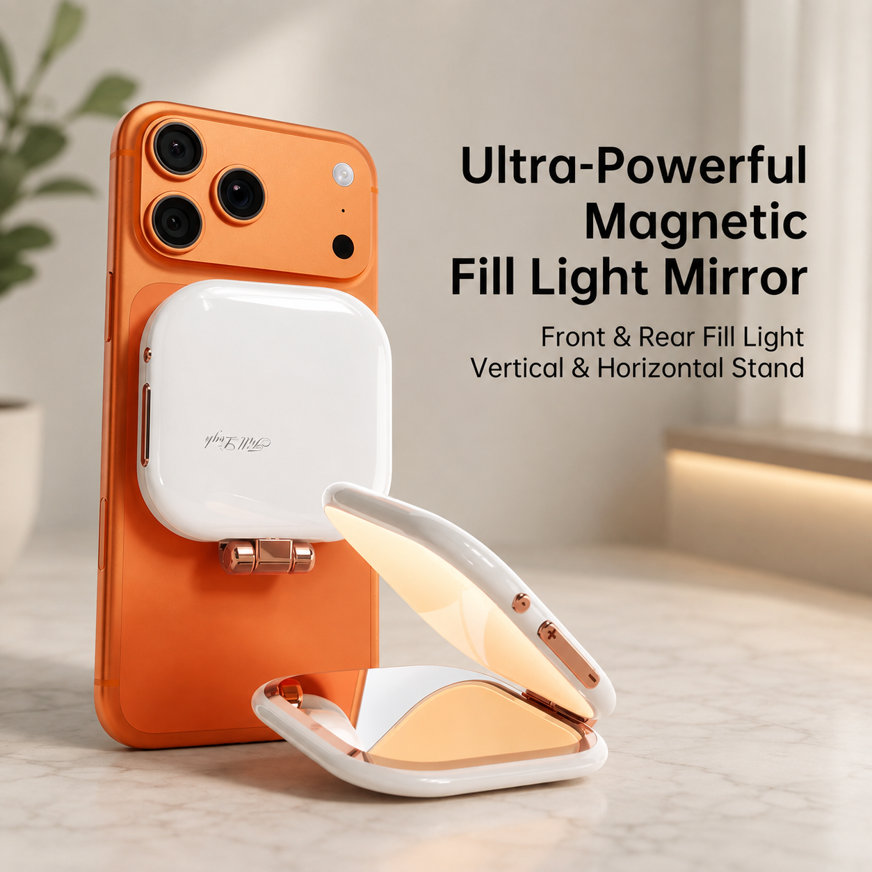 An orange smartphone stands on a light marble surface with a white magnetic fill light mirror attached to the rear. The mirror is shown open, reflecting warm light, with marketing text on the right reading 'Ultra-Powerful Magnetic Fill Light Mirror' and 'Front & Rear Fill Light Vertical & Horizontal Stand.
