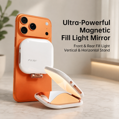 An orange smartphone stands on a light marble surface with a white magnetic fill light mirror attached to the rear. The mirror is shown open, reflecting warm light, with marketing text on the right reading 'Ultra-Powerful Magnetic Fill Light Mirror' and 'Front & Rear Fill Light Vertical & Horizontal Stand.