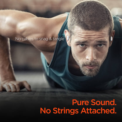 Man exercising with wireless earbuds, text about no cables and pure sound.