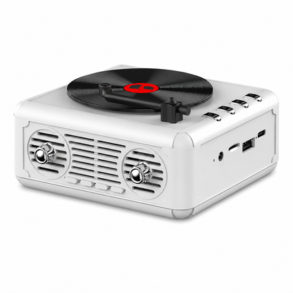 White Retro Vinyl Bluetooth Speaker with Rotating Turntable on white background