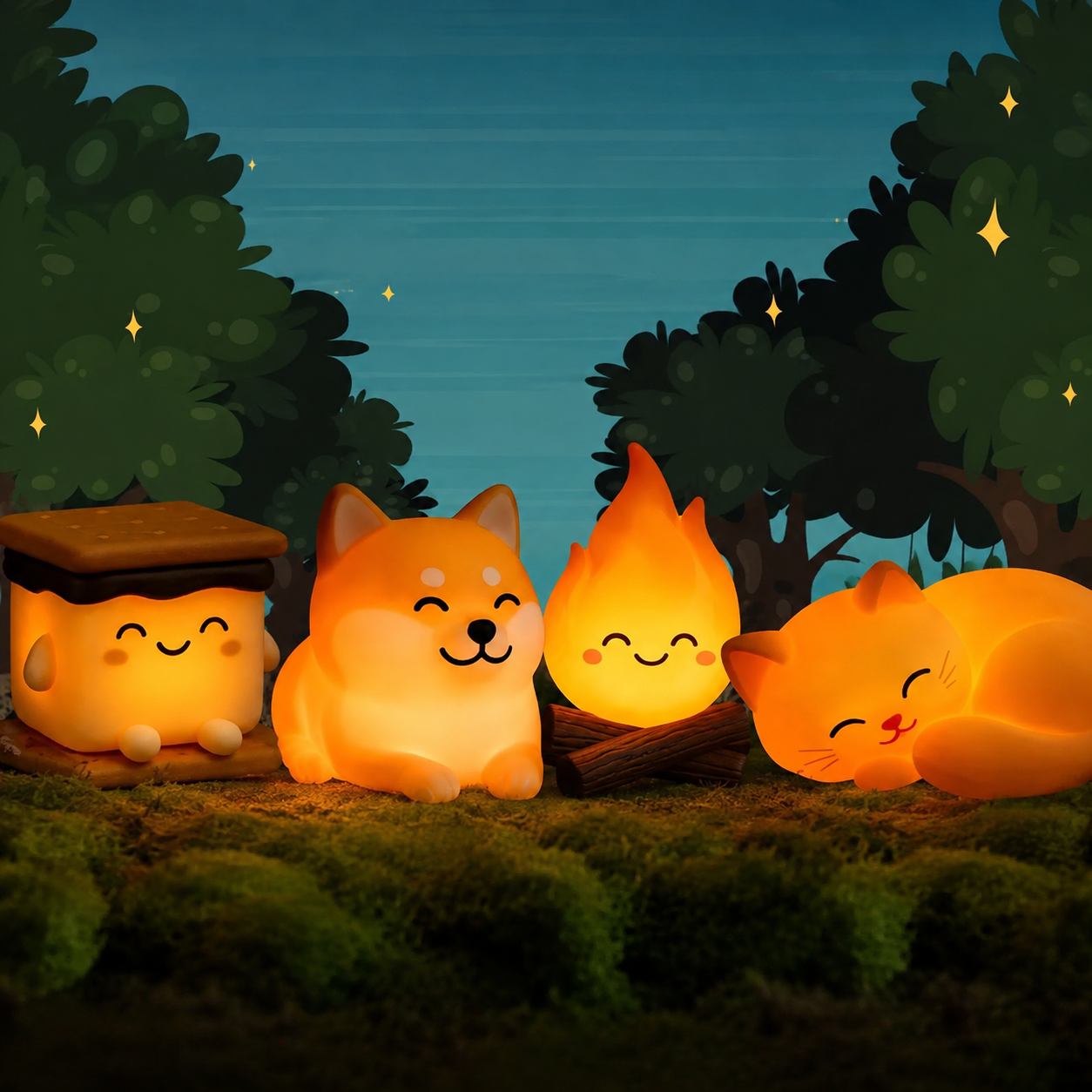Four cute glowing animal-shaped night lights sitting together on a mossy surface under a dark blue night sky with stars. The characters resemble a dog, a flame, and a sleeping cat, all illuminated with warm yellow and orange light.