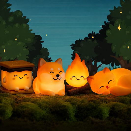 Four cute glowing animal-shaped night lights sitting together on a mossy surface under a dark blue night sky with stars. The characters resemble a dog, a flame, and a sleeping cat, all illuminated with warm yellow and orange light.
