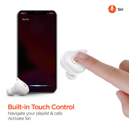 White wireless earbuds with touch control being used on a smartphone displaying Siri.