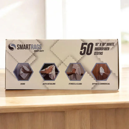 A box of 50 white microfiber cloths, branded as smartrags heavy duty.