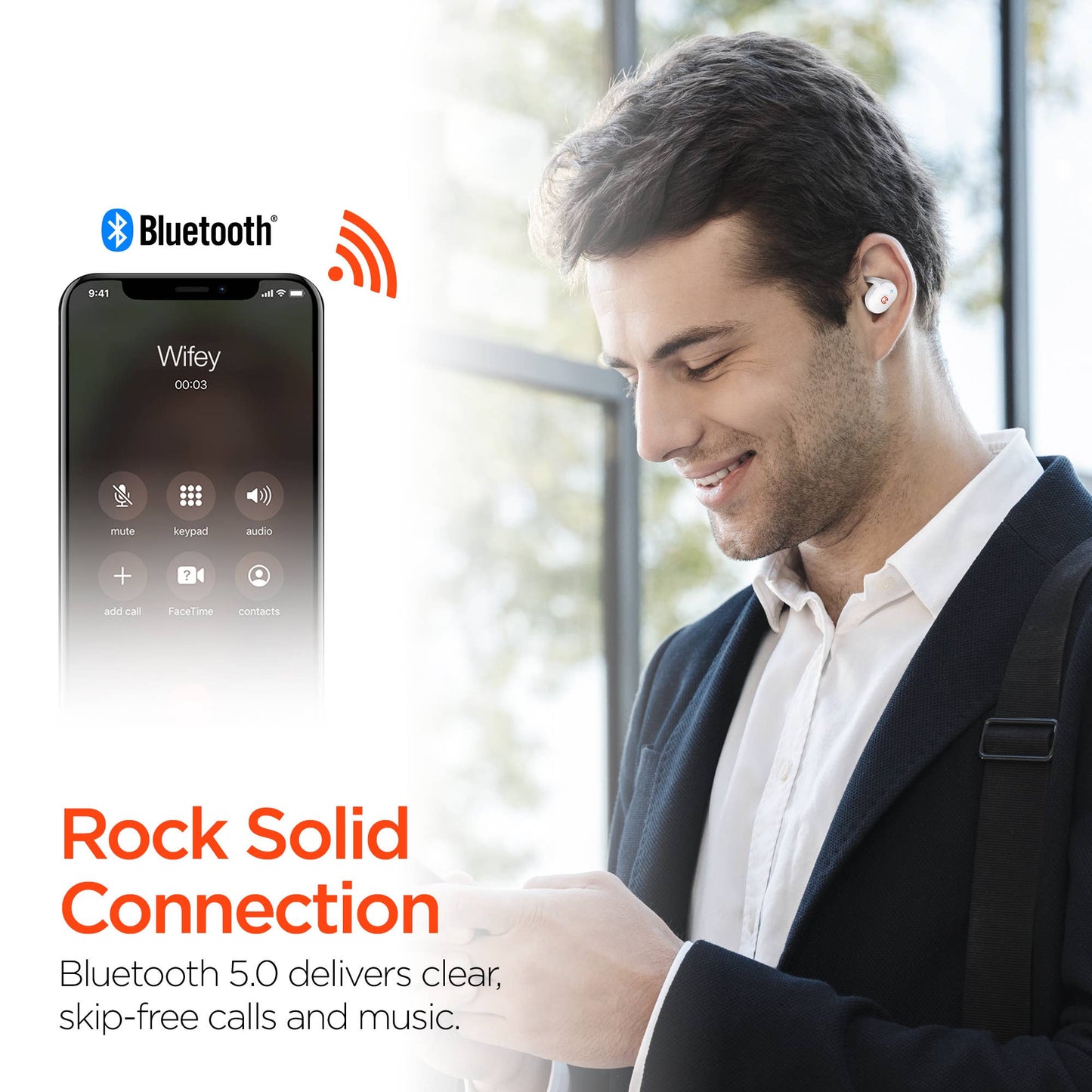 Man using wireless earbuds with smartphone app interface, Bluetooth logo visible