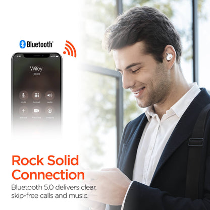 Man using wireless earbuds with smartphone app interface, Bluetooth logo visible