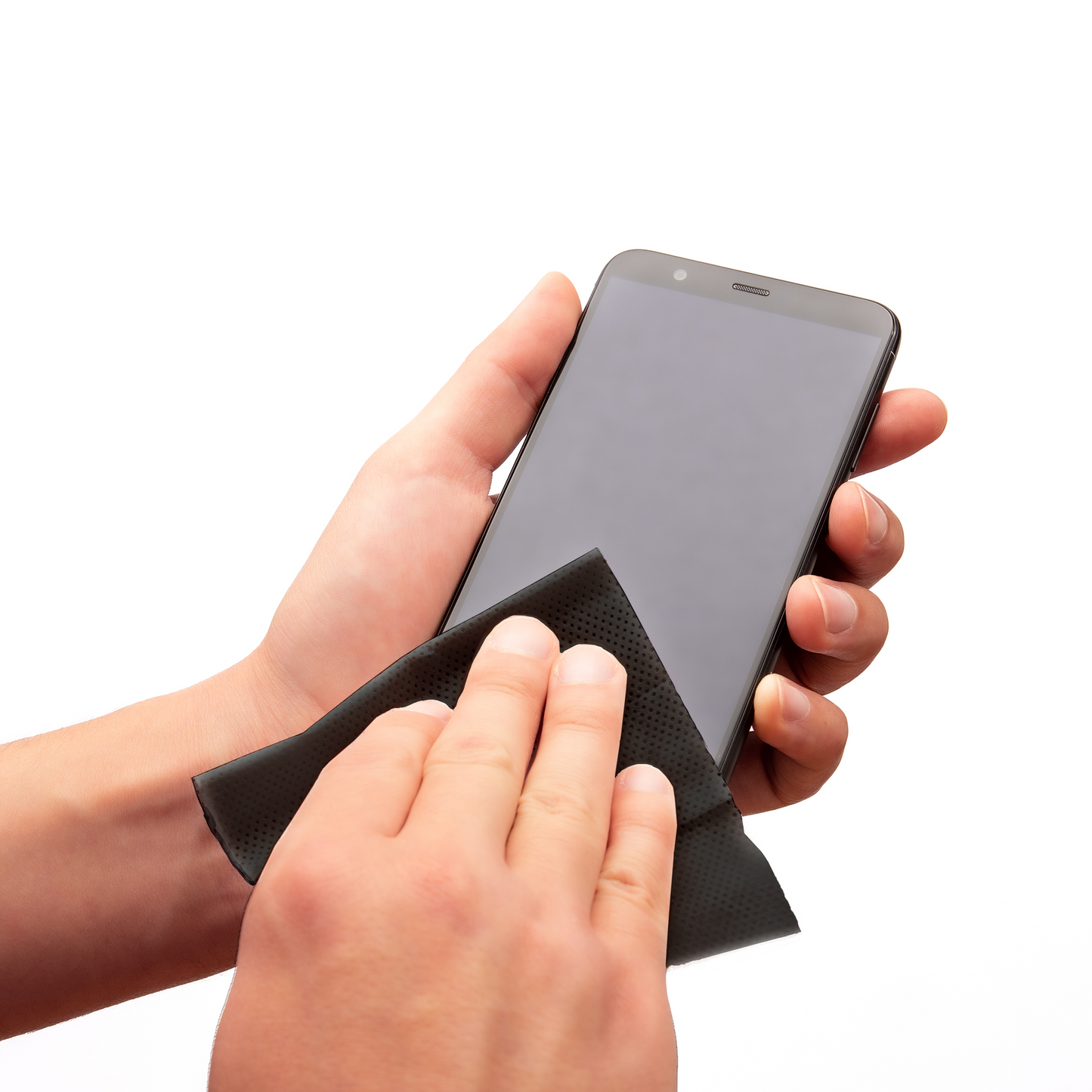 Person cleaning a smartphone screen with a black cloth on a white background