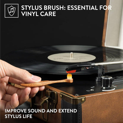 A hand holds a small wooden stylus brush near a turntable needle, with text reading 'STYLUS BRUSH: ESSENTIAL FOR VINYL CARE' and 'IMPROVE SOUND AND EXTEND STYLUS LIFE'.