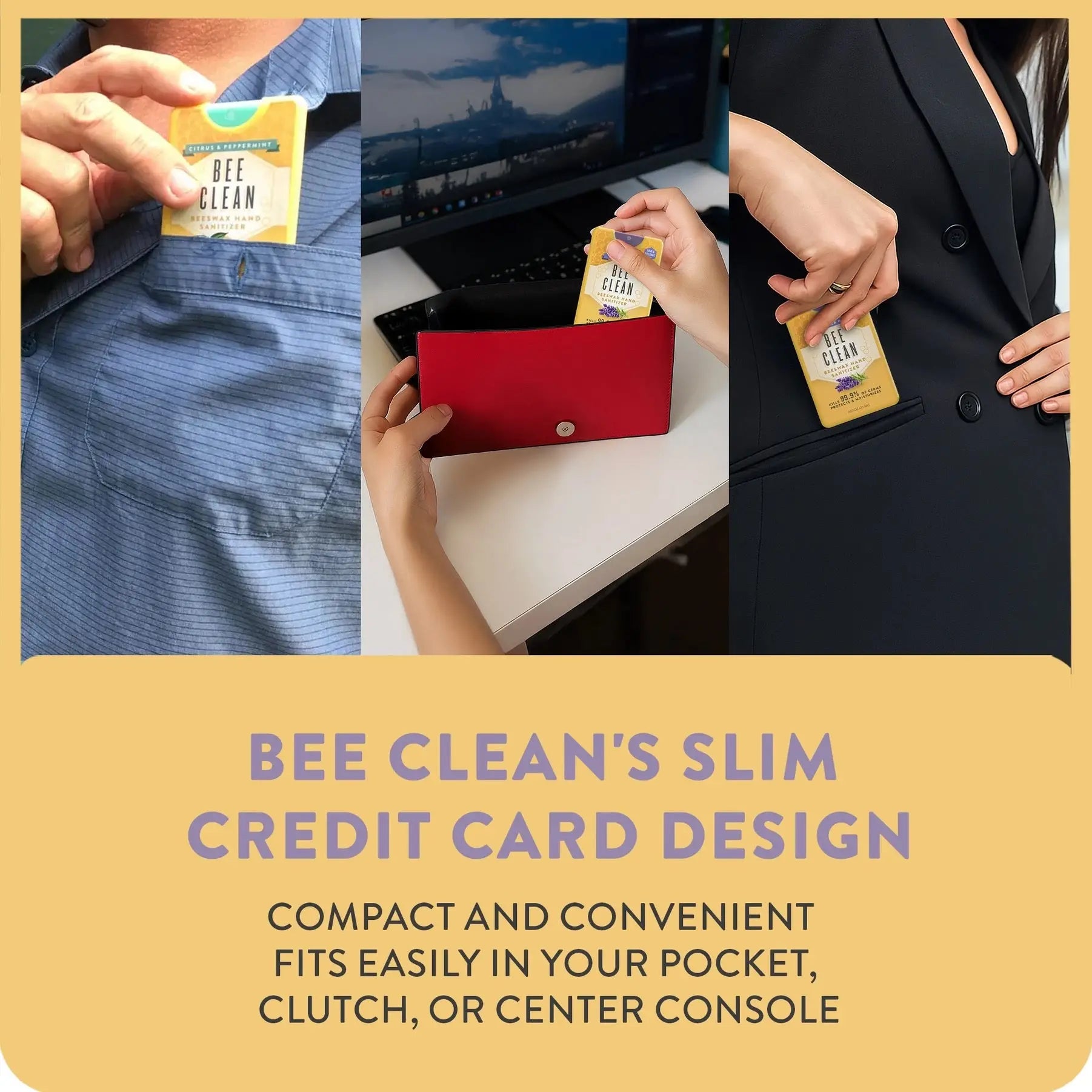 Bee clean organic beeswax hand sanitizer spray in a slim yellow and green credit card-sized packet for easy use