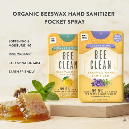 Two yellow bee clean organic beeswax hand sanitizer sprays with citrus peppermint and lavender oil scents