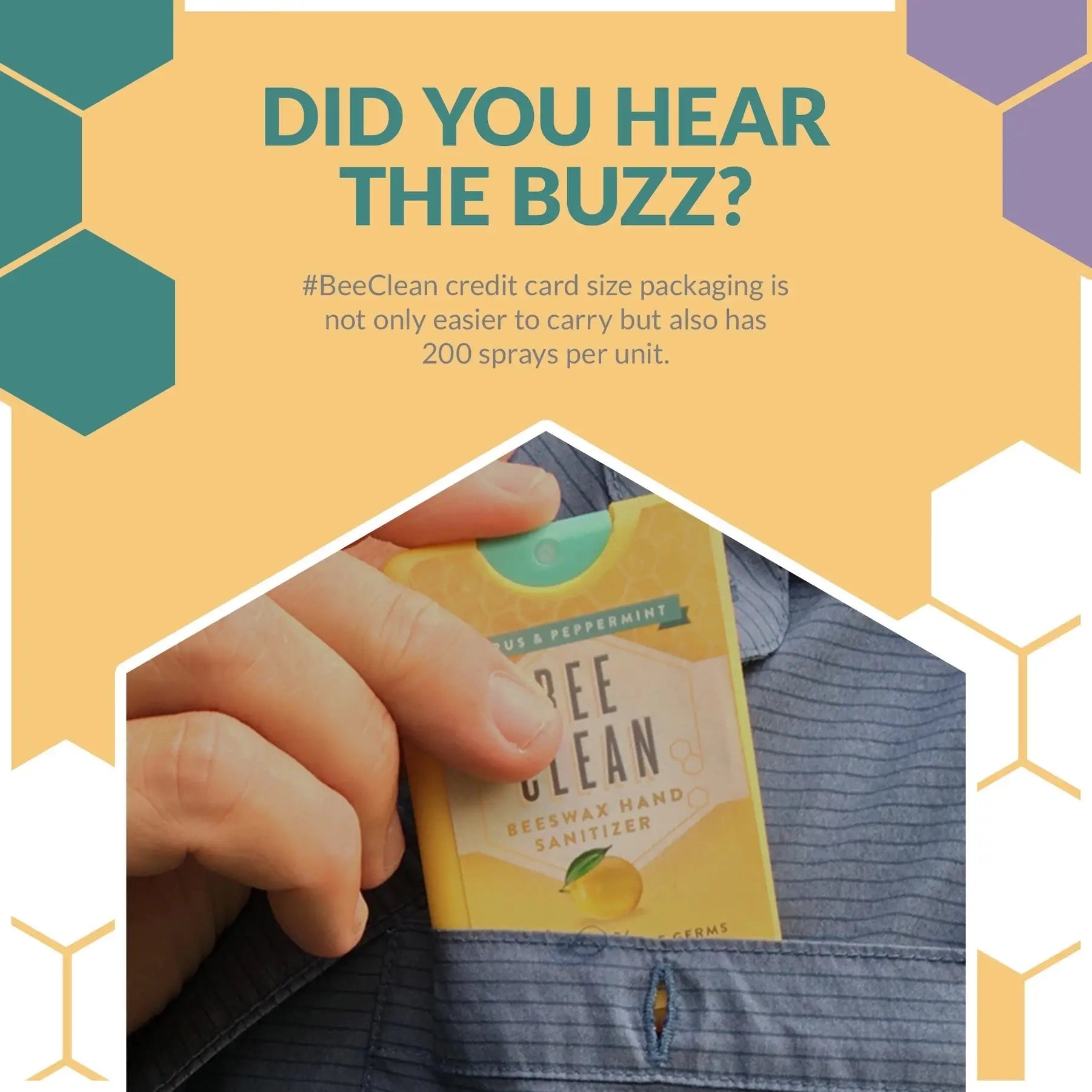 Bee clean organic beeswax hand sanitizer spray in yellow and green credit card size packaging with lemon and peppermint scent