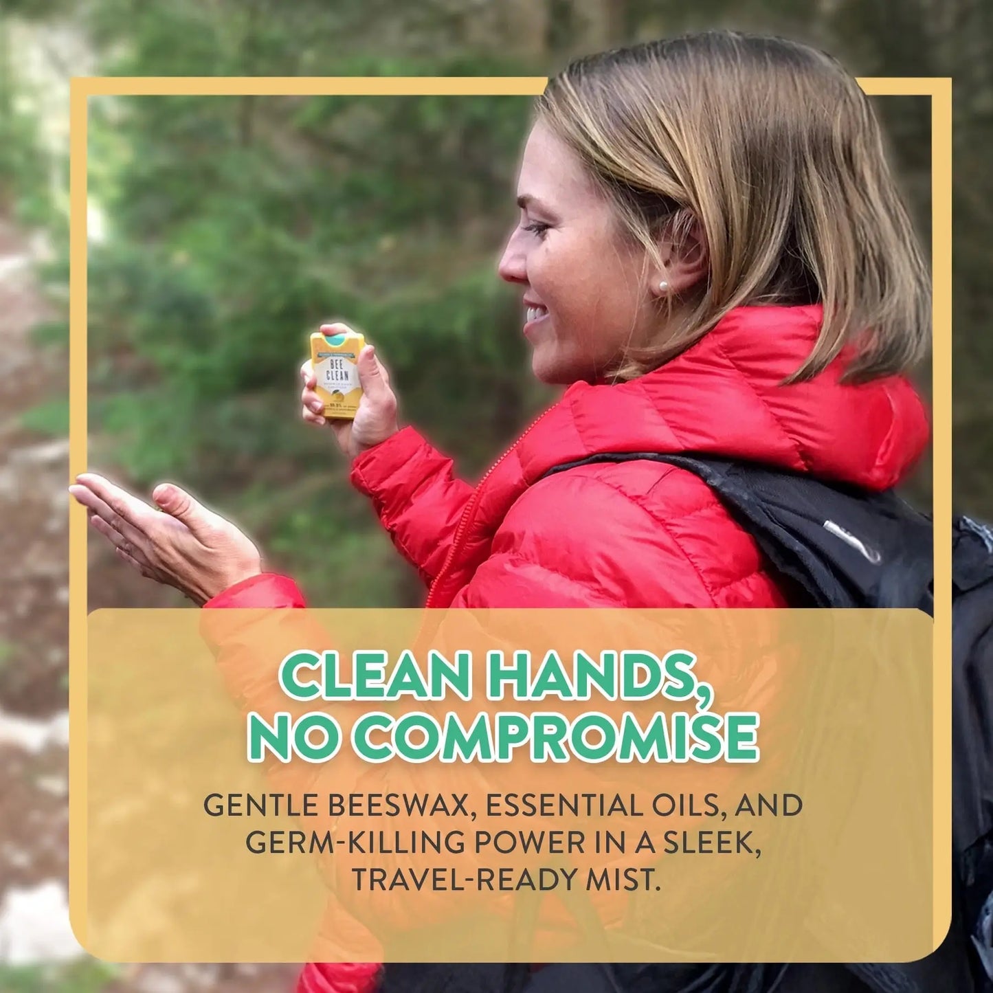Bee clean organic beeswax hand sanitizer spray in yellow beeswax mist form in a sleek travel-ready bottle