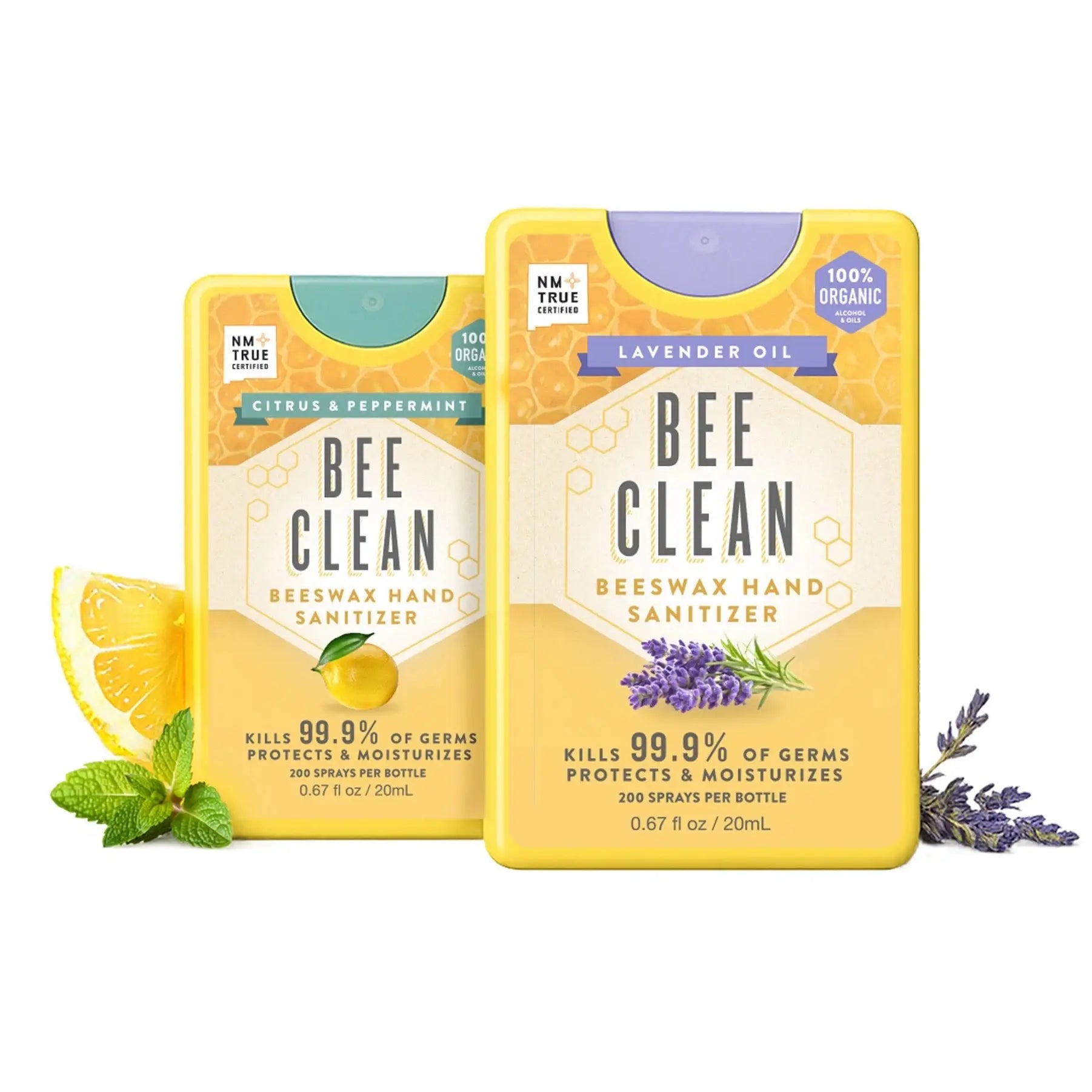 Yellow rectangular bee clean organic beeswax hand sanitizer bottles with citrus peppermint and lavender oil scents