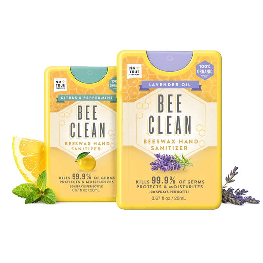 Yellow rectangular bee clean organic beeswax hand sanitizer bottles with citrus peppermint and lavender oil scents