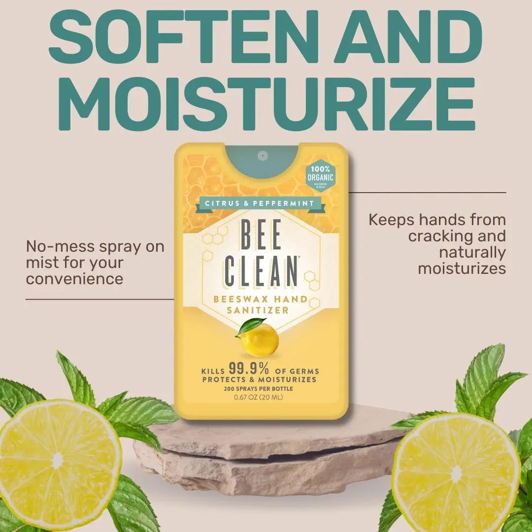 Yellow rectangular bee clean beeswax hand sanitizer spray with honeycomb design citrus peppermint scent