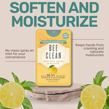Yellow rectangular bee clean beeswax hand sanitizer spray with honeycomb design citrus peppermint scent