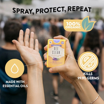 A yellow bee clean organic beeswax hand sanitizer spray bottle with lavender oil and a purple cap highlighting germ-killing properties