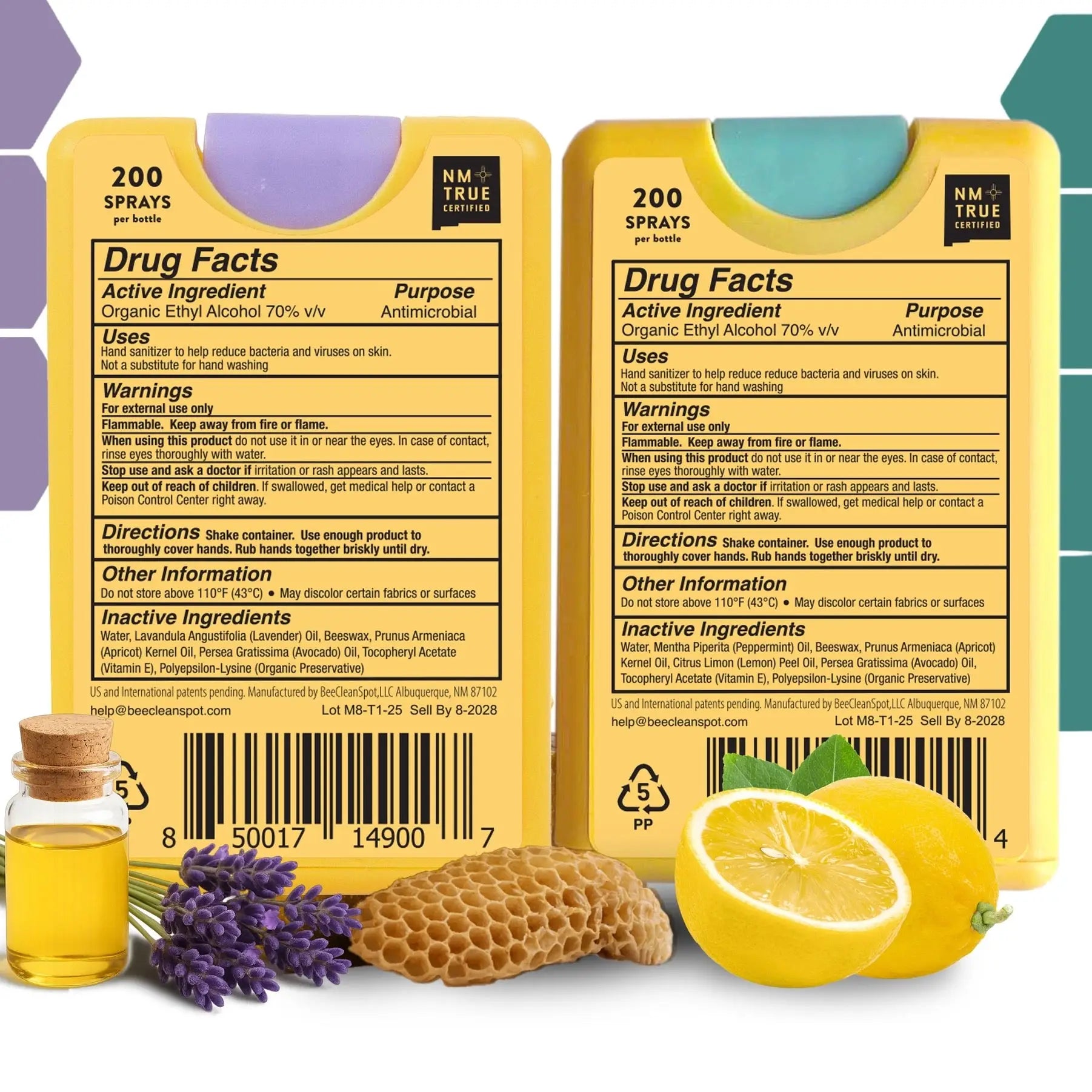 Yellow rectangular bee clean beeswax hand sanitizer spray bottles with purple teal accents and detailed usage labels