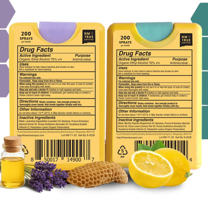 Yellow rectangular bee clean beeswax hand sanitizer spray bottles with purple teal accents and detailed usage labels