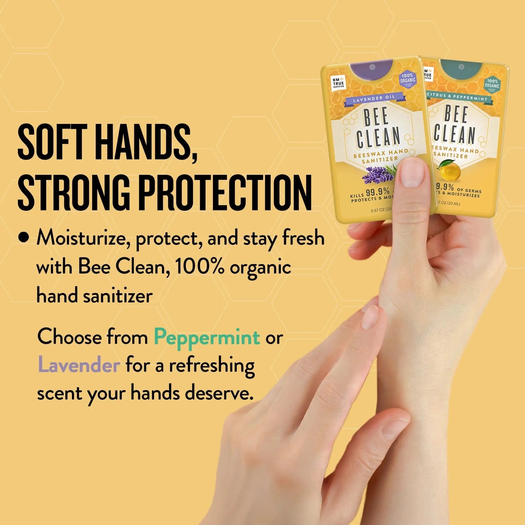 Bee clean organic beeswax hand sanitizer spray bottles in yellow and white with lavender and citrus peppermint scents