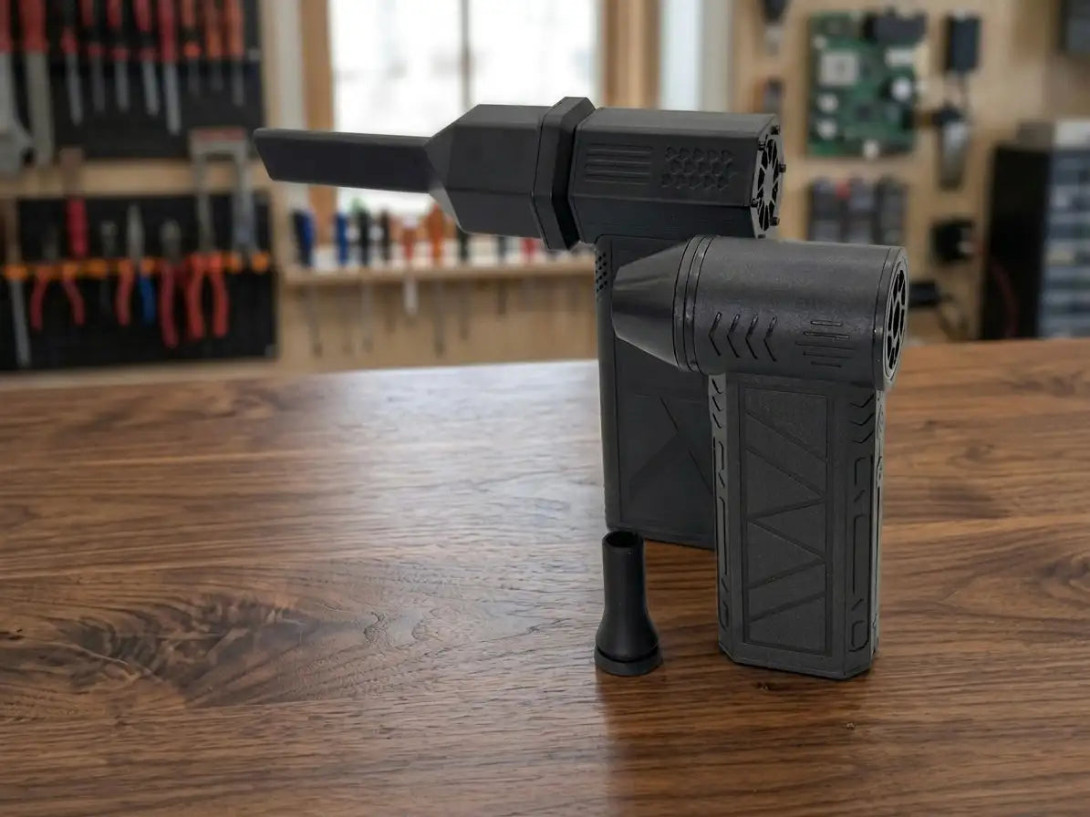 Black plastic handheld vacuum cleaner with textured grip and detachable nozzle