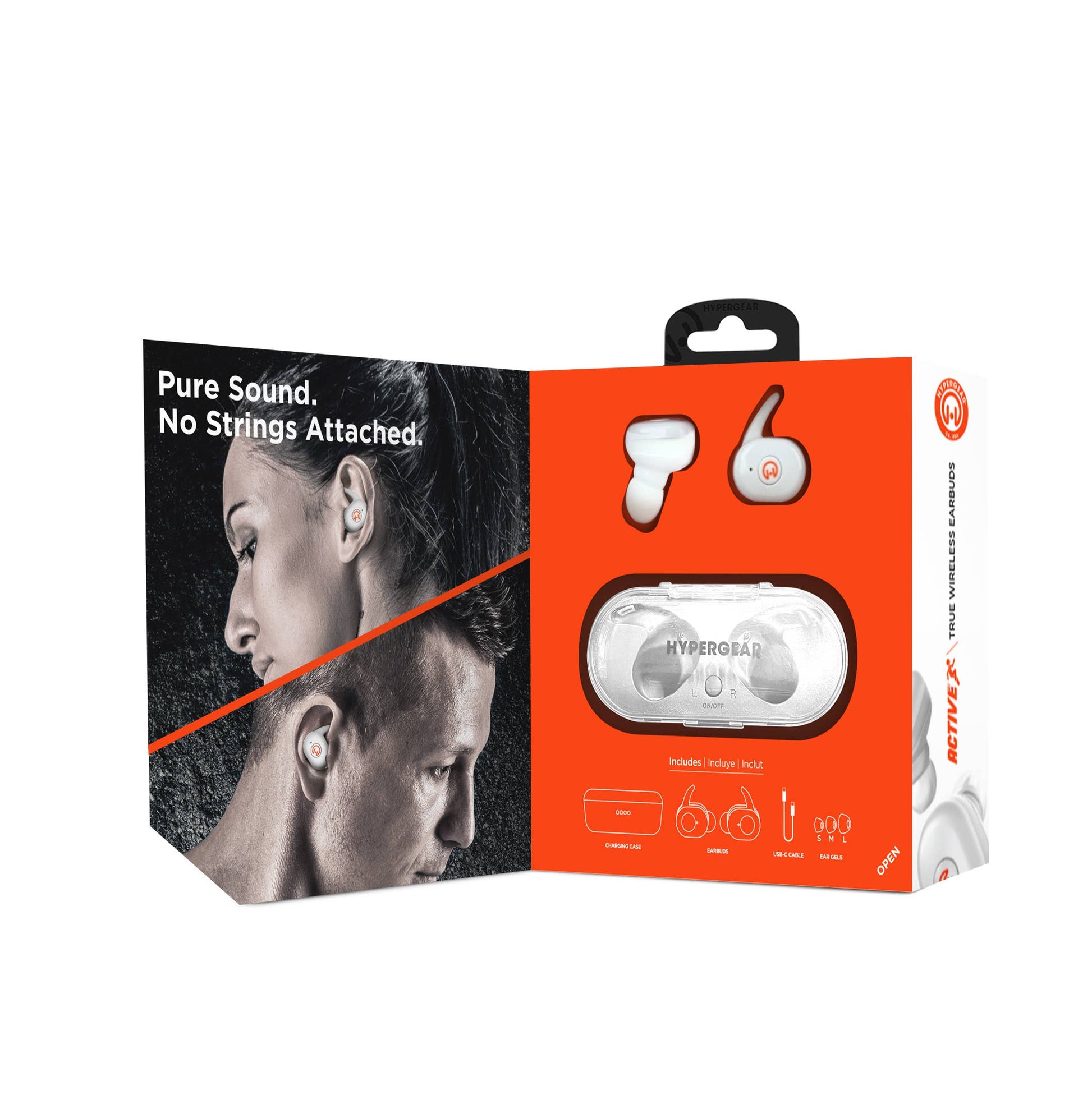 Packaging of Hyperreal wireless earbuds with a black and white photo of a woman and man wearing the earbuds.