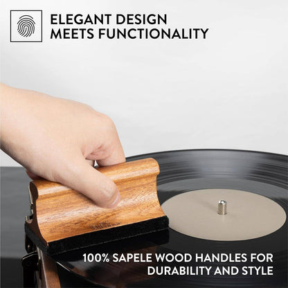 Hand using a vinyl record cleaning brush with text highlighting design, functionality, and material.