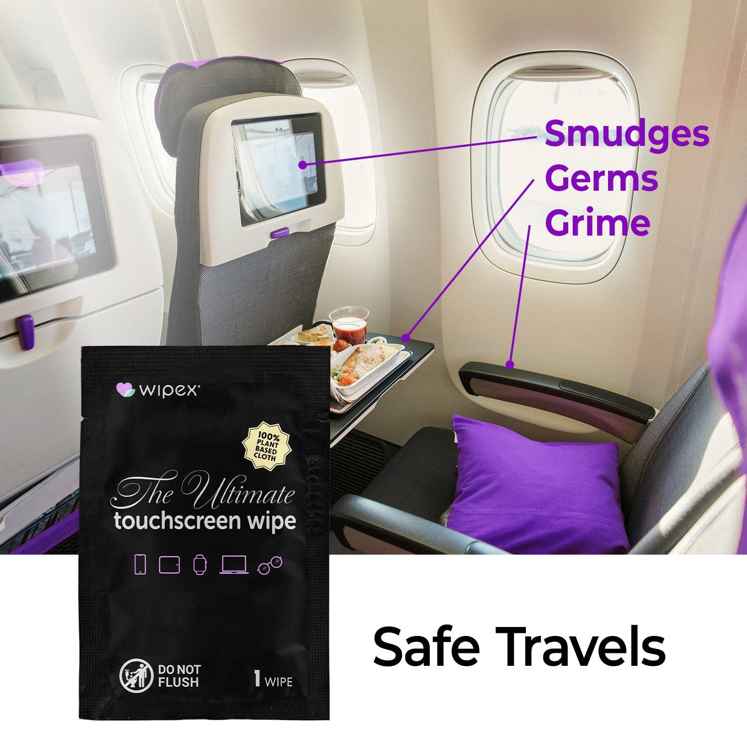 Wipex touchscreen wipe packaging with airplane interior background