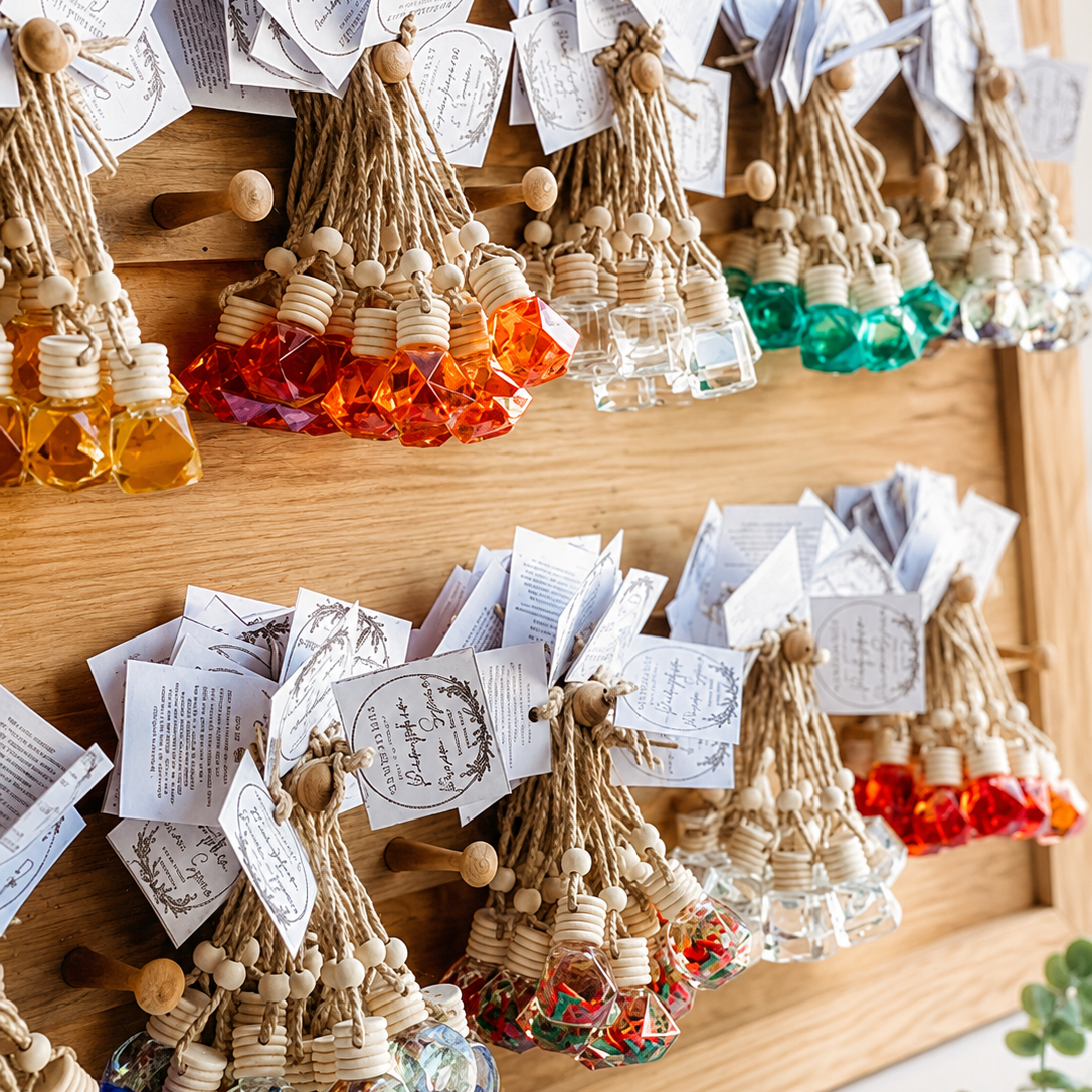 A wooden display board holding multiple small hanging glass fragrance bottles tied with jute rope and adorned with paper tags. The bottles contain translucent amber, orange, green, clear, red, blue, and multicolor glass, arranged in rows on a light wood surface.