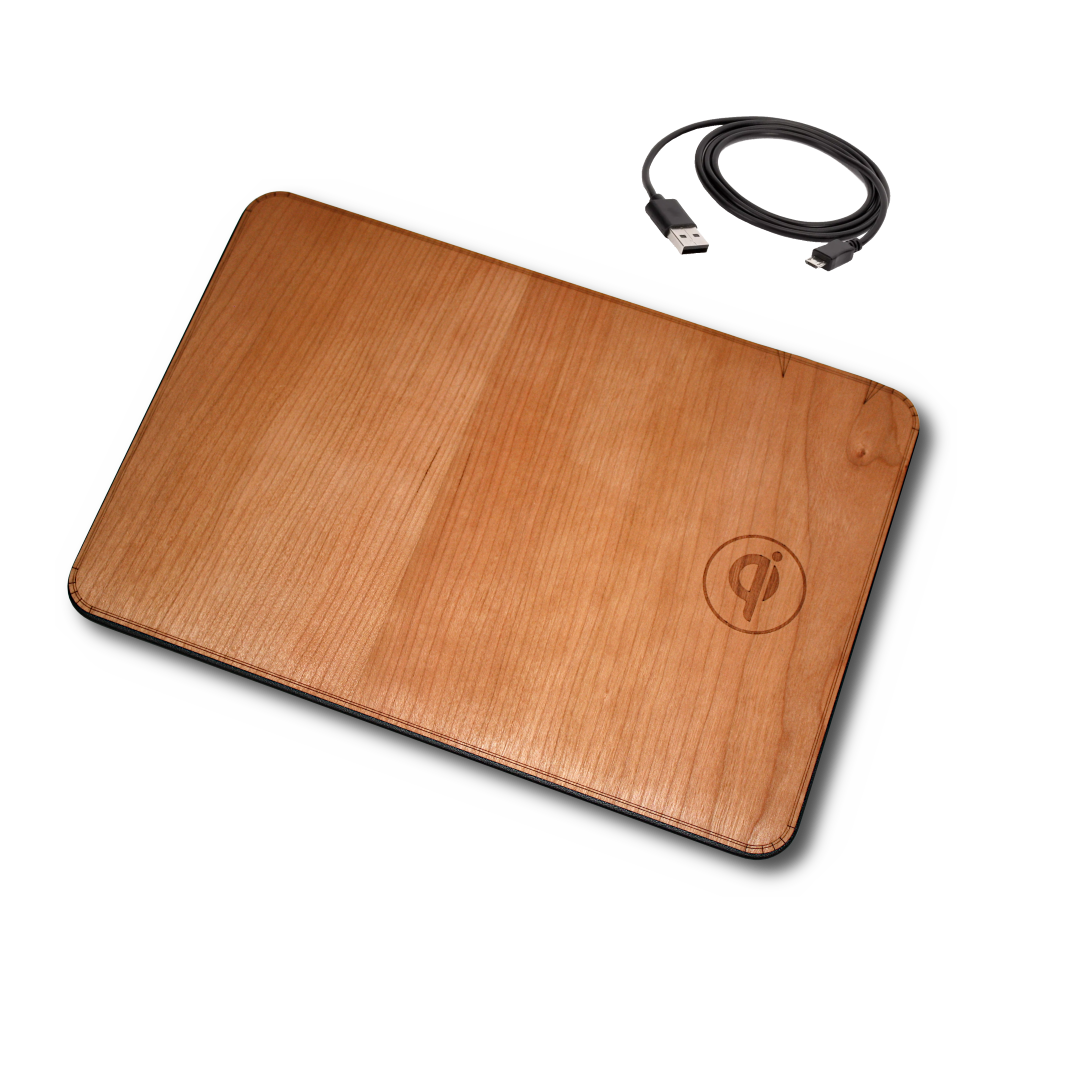 Large Real Wood Mousepad with 15 watt Wireless Fast-Charge on white background