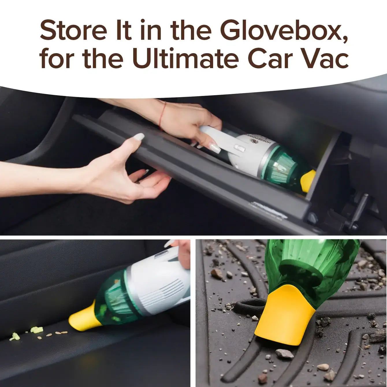 Car vacuum cleaner being stored in a car's glovebox with text 'Store It in the Glovebox, for the Ultimate Car Vac'.