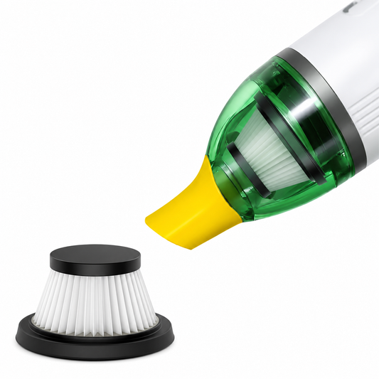 A handheld vacuum cleaner with a transparent green body, yellow nozzle, and white body, shown alongside a separate white pleated filter with a black rim on a white background.