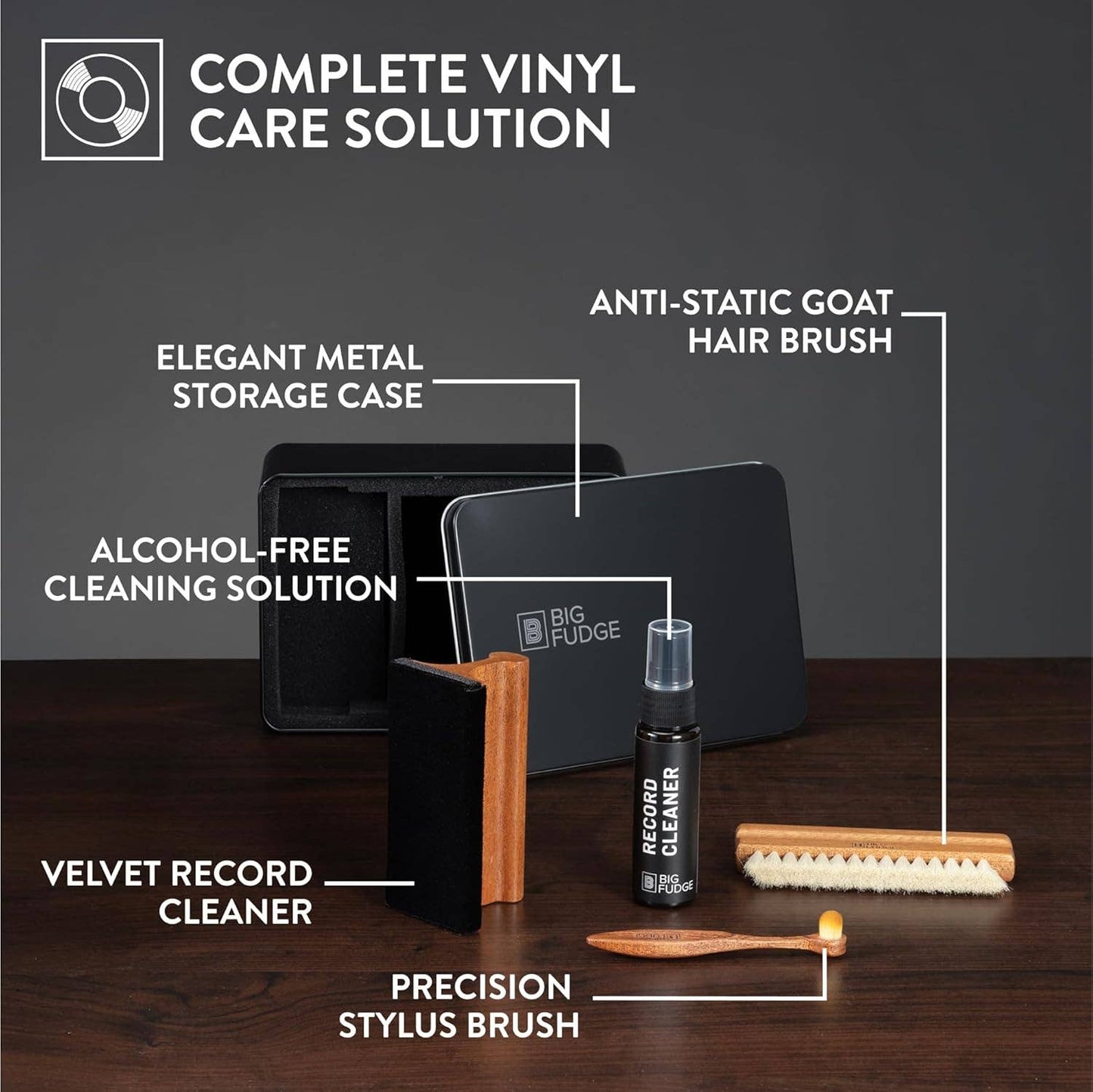 Big Fudge vinyl record cleaning kit with labeled components on a dark surface.