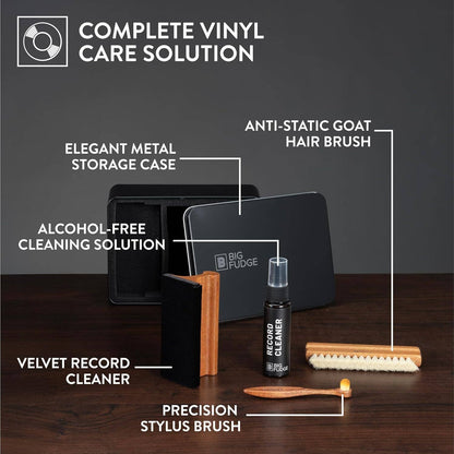 Big Fudge vinyl record cleaning kit with labeled components on a dark surface.