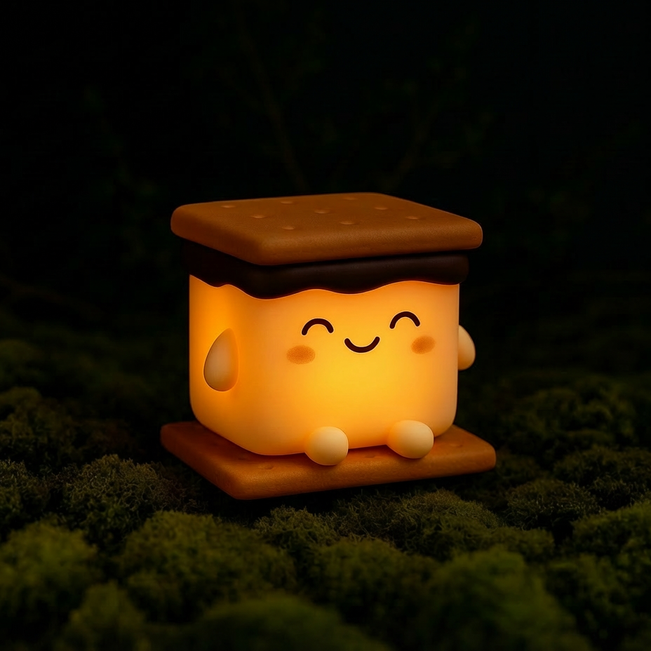 A cute, s'more-themed glowing night light shaped like a smiling sandwich cookie, resting on a bed of green moss in a dark setting.