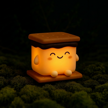 A cute, s'more-themed glowing night light shaped like a smiling sandwich cookie, resting on a bed of green moss in a dark setting.