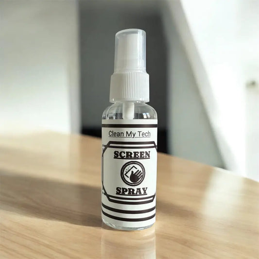 Clear glass spray bottle with a white pump nozzle and black-and-white label reading ’clean my tech screen spray.’