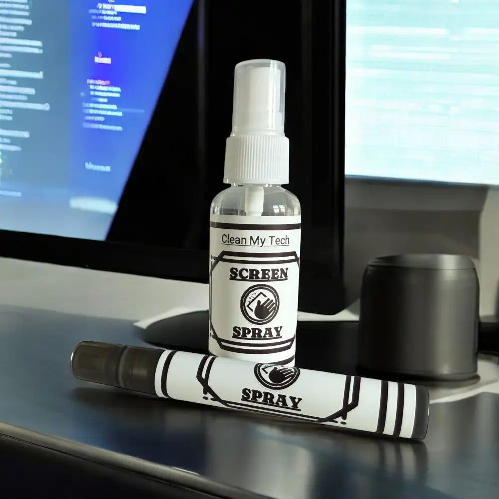 Clear plastic spray bottle with white label and black text reading ’clean my tech screen spray’ and a hand icon, featuring a white pump nozzle.