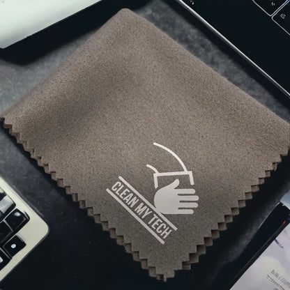 Brown microfiber cleaning cloth with a white ’clean my tech’ logo and hand icon.