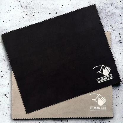 Black microfiber cleaning cloth with a white ’clean my tech’ logo and hand icon, layered over a beige counterpart.
