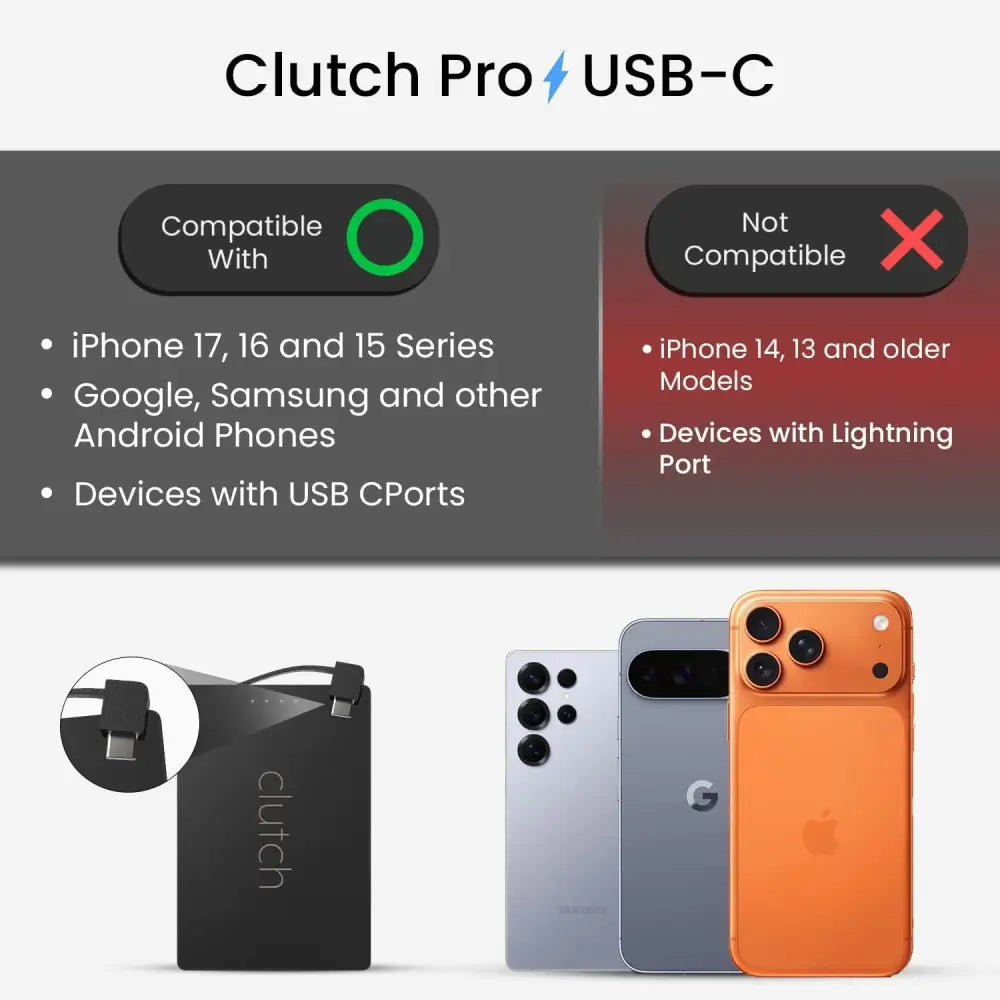 Black clutch pro usb-c portable charger with a sleek, rectangular design and the brand name subtly embossed on its surface.