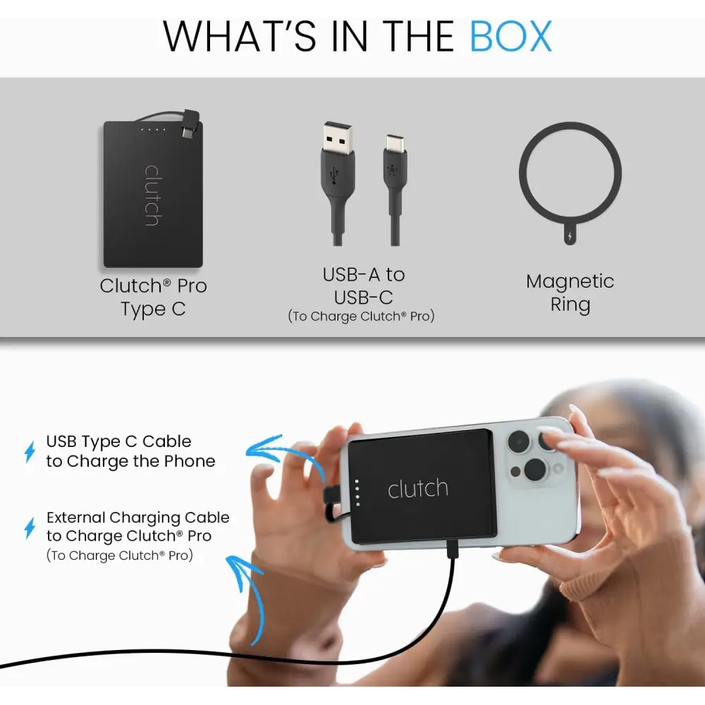 Black clutch® pro type c portable charger with a sleek, rectangular design and subtle white branding.