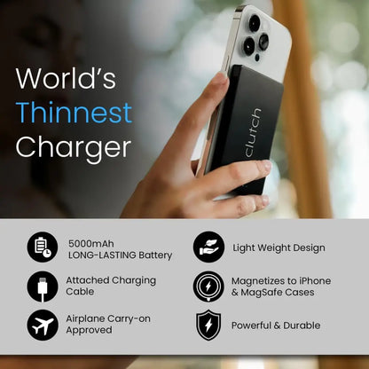 Black rectangular clutch magnetic phone charger with silver edges, attached to the back of a white iphone.