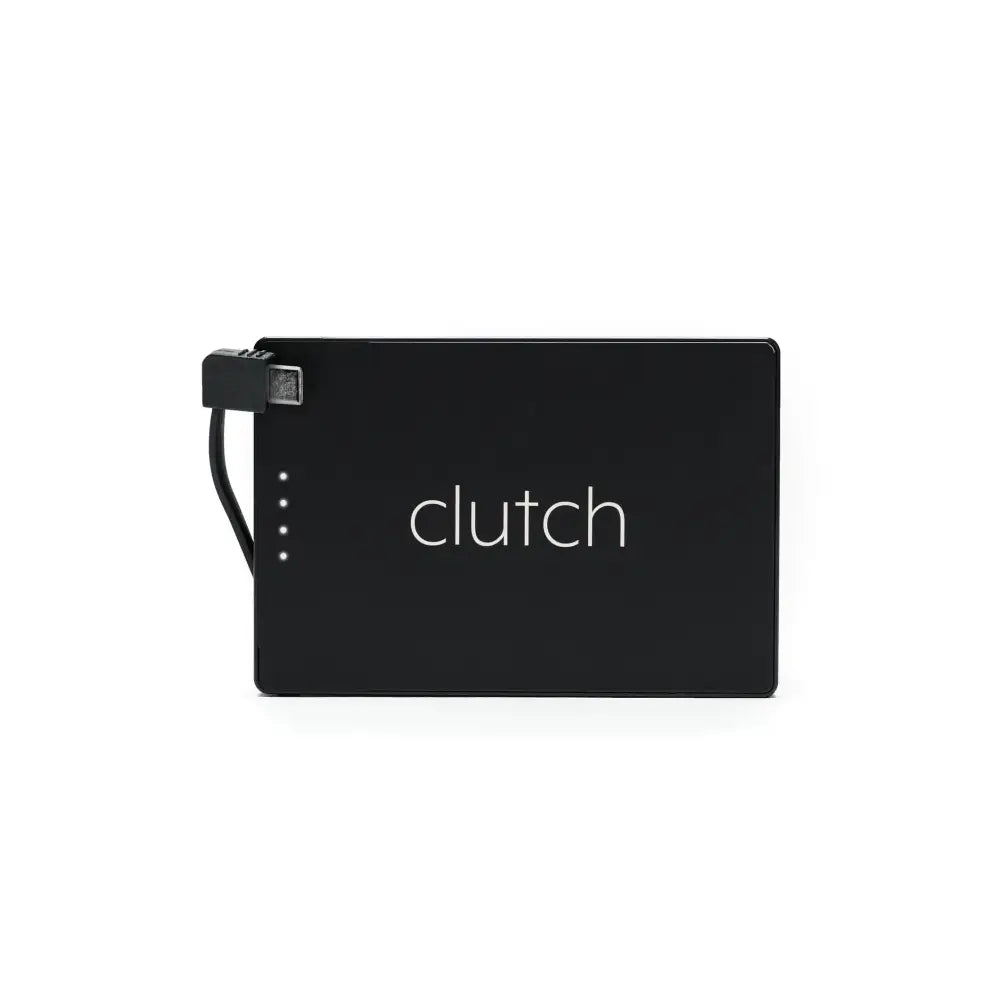 Black rectangular clutch portable power bank with a sleek matte finish, featuring white branding and led indicator lights along its edge.