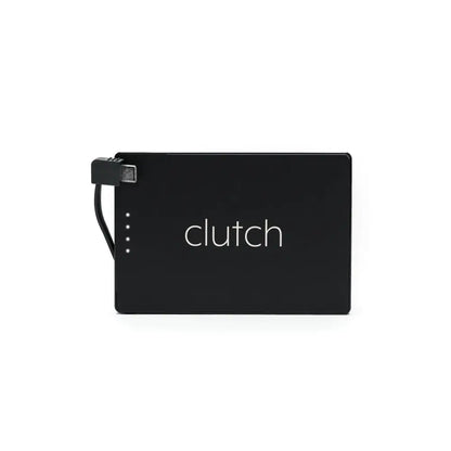 Black rectangular clutch portable power bank with a sleek matte finish, featuring white branding and led indicator lights along its edge.