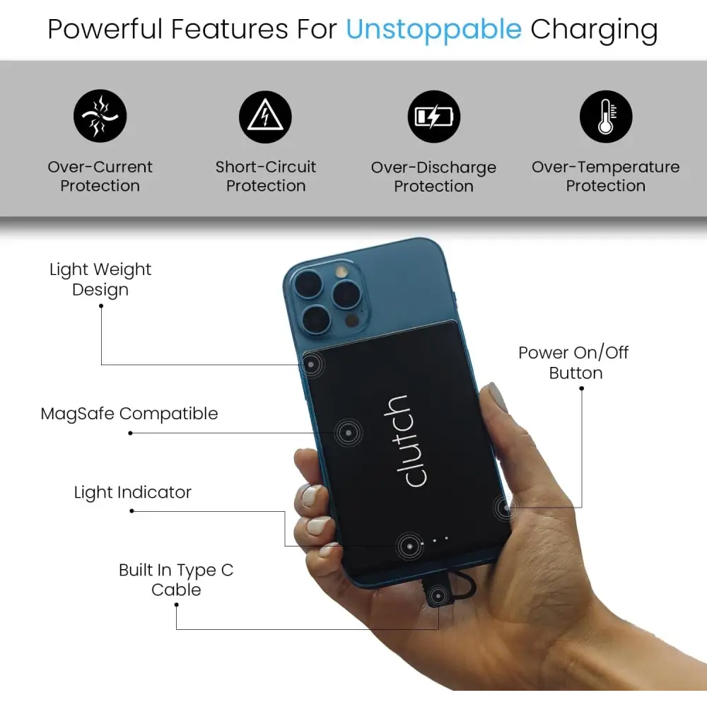 Blue and black clutch portable phone charger with magsafe compatibility.