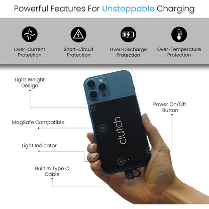 Blue and black clutch portable phone charger with magsafe compatibility.