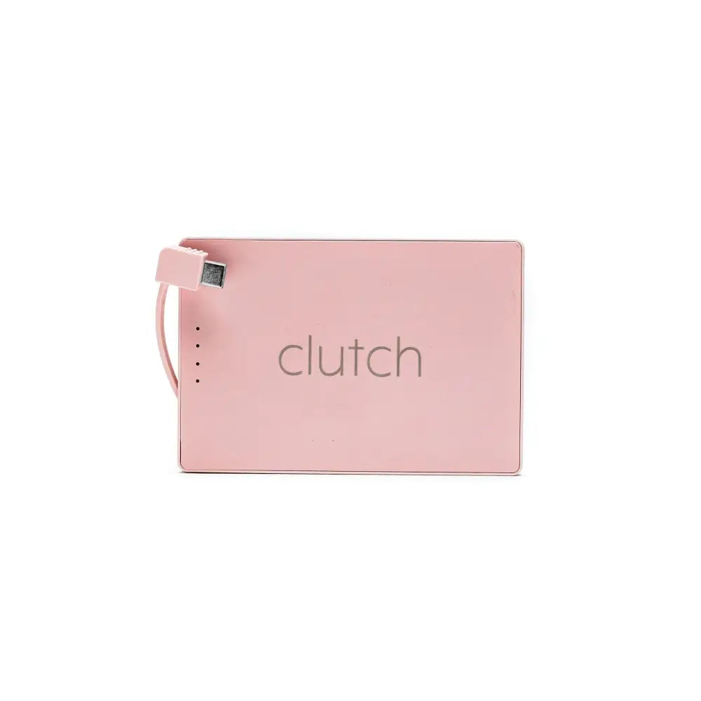 Pink rectangular clutch portable power bank with a matching usb cable attached.