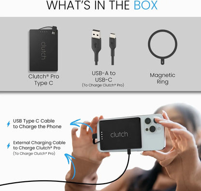 Black clutch® pro type c portable charger with a sleek, rectangular design and subtle white branding.